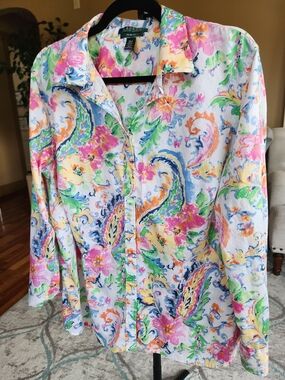 Lauren Ralph Lauren 18W Slim Fit Floral Paisley Button‑Up Shirt Cotton Stretch